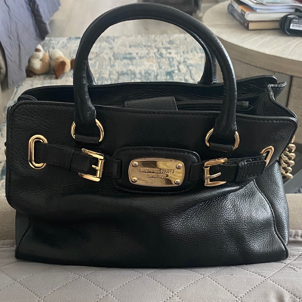 Michael Kors Black Leather Satchel with Gold Hardware